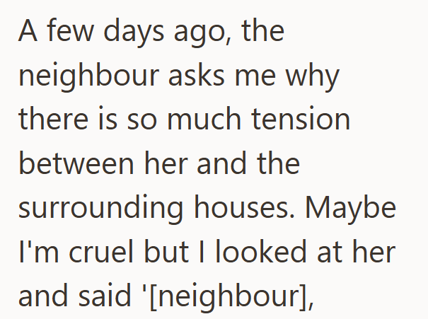 A few days ago, the neighbour asks me why there is so much tension between her and the surrounding houses. Maybe I'm cruel but I looked at her and said '[neighbour],