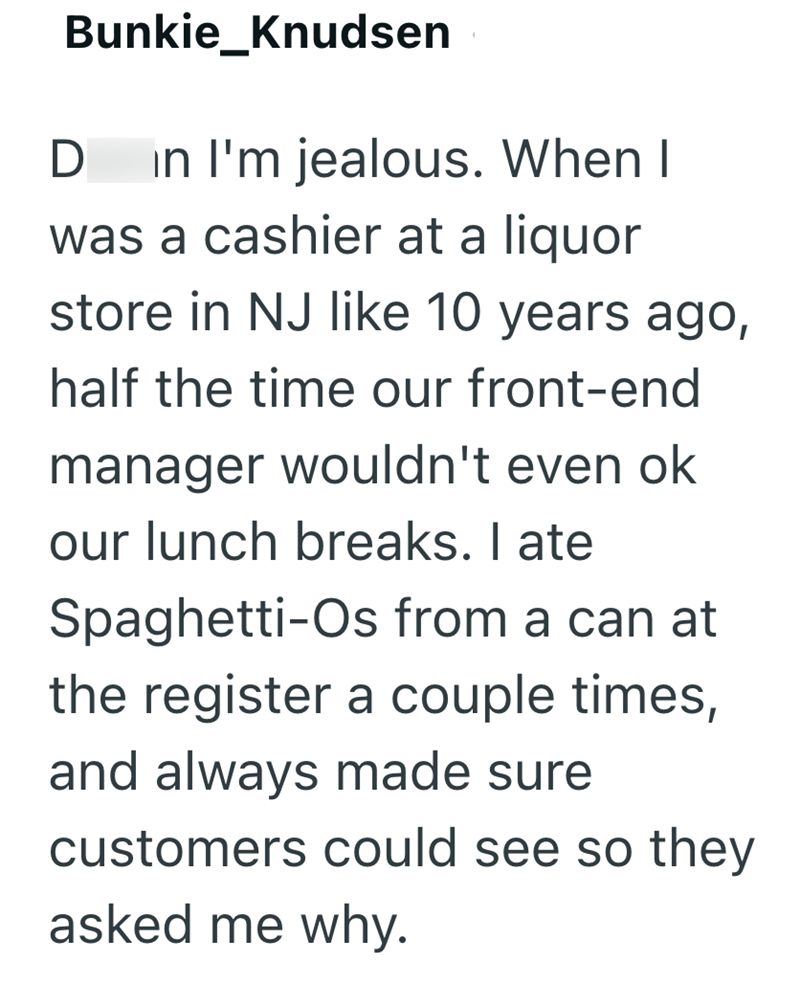 Bunkie_Knudsen D in I'm jealous. When I was a cashier at a liquor store in NJ like 10 years ago, half the time our front-end manager wouldn't even ok our lunch breaks. I ate Spaghetti-Os from a can at the register a couple times, and always made sure customers could see so they asked me why.