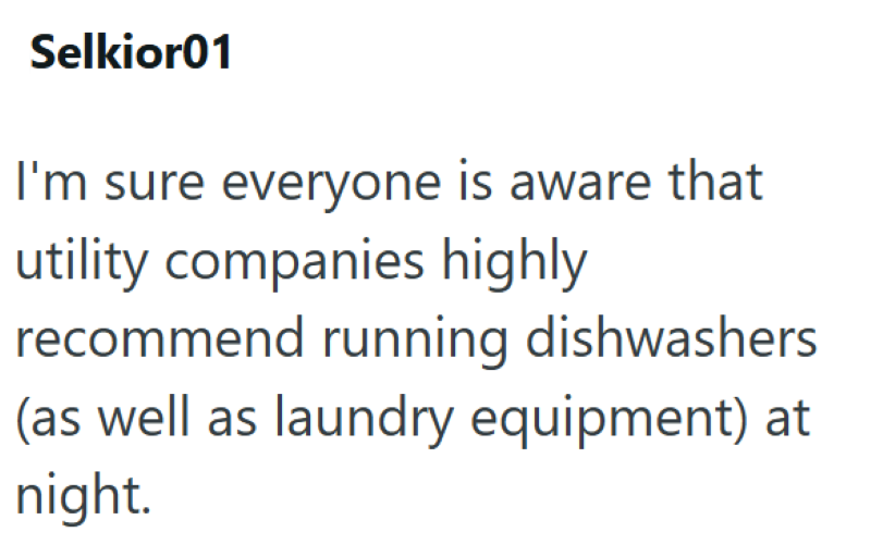 Selkior01 I'm sure everyone is aware that utility companies highly recommend running dishwashers (as well as laundry equipment) at night.