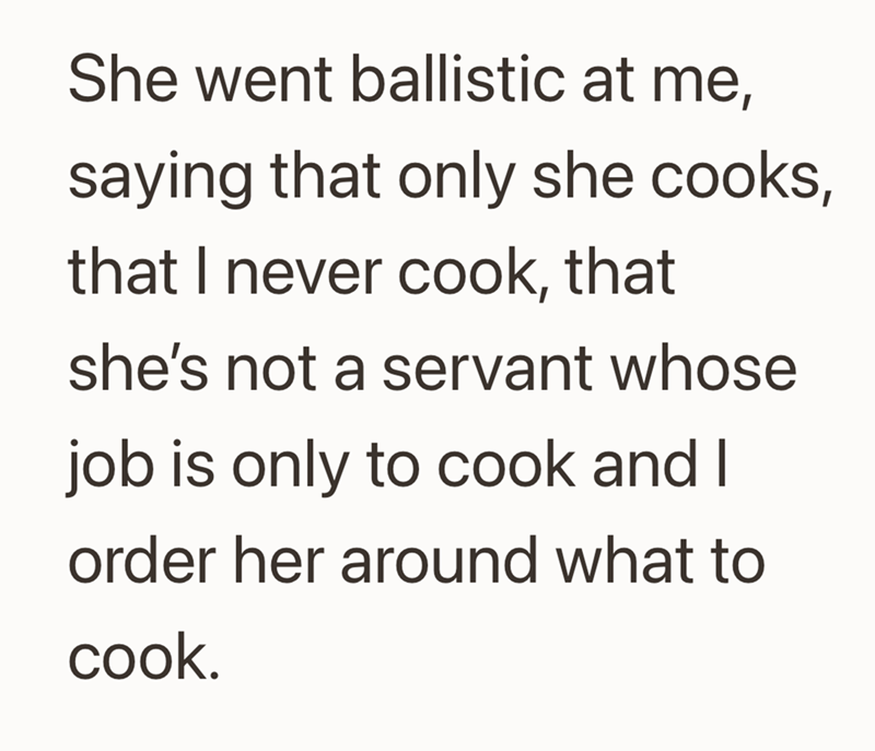 She went ballistic at me, saying that only she cooks, that I never cook, that she's not a servant whose job is only to cook and I order her around what to cook.