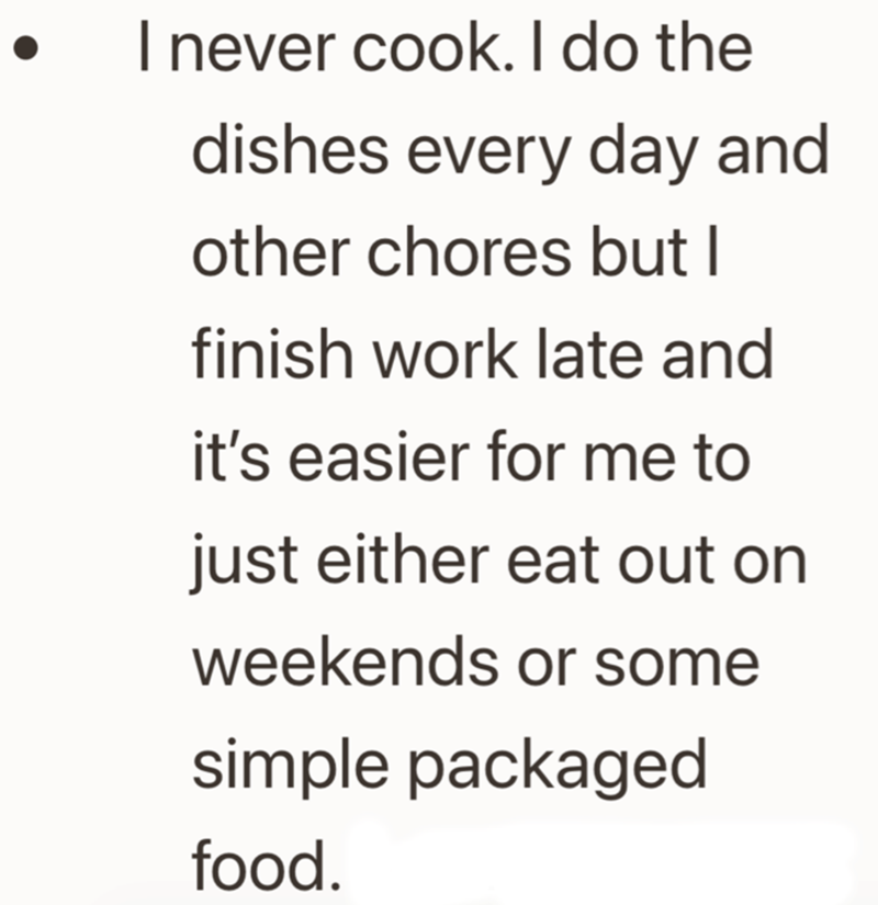 I never cook. I do the dishes every day and other chores but I finish work late and it's easier for me to just either eat out on weekends or some simple packaged food.