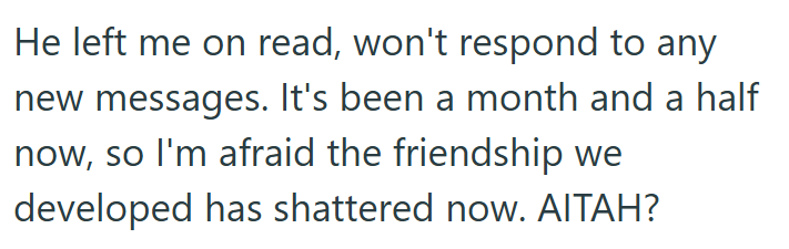 He left me on read, won't respond to any new messages. It's been a month and a half now, so I'm afraid the friendship we developed has shattered now. AITAH?