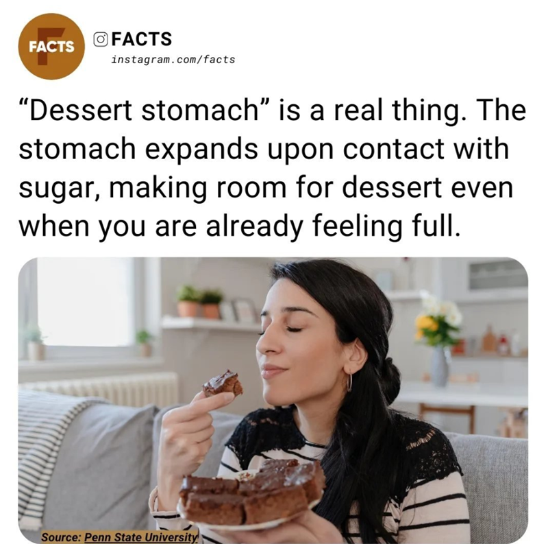FACTS O FACTS instagram.com/facts "Dessert stomach" is a real thing. The stomach expands upon contact with sugar, making room for dessert even when you are already feeling full. Source: Penn State University