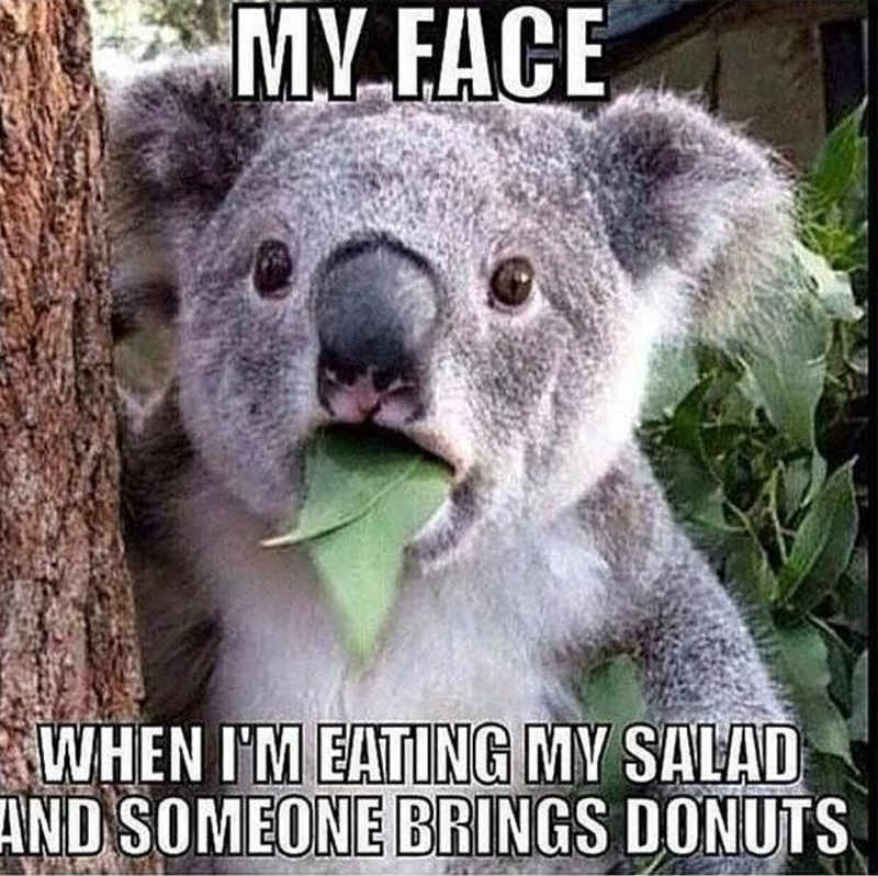 MY FACE WHEN I'M EATING MY SALAD AND SOMEONE BRINGS DONUTS