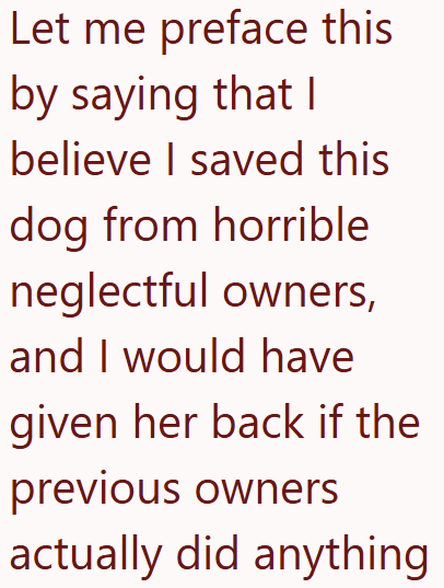 Let me preface this by saying that I believe I saved this dog from horrible neglectful owners, and I would have given her back if the previous owners actually did anything