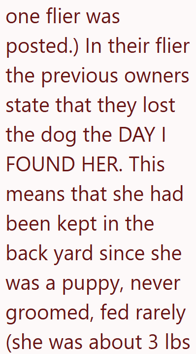 one flier was posted.) In their flier the previous owners state that they lost the dog the DAY I FOUND HER. This means that she had been kept in the back yard since she was a puppy, never groomed, fed rarely (she was about 3 lbs