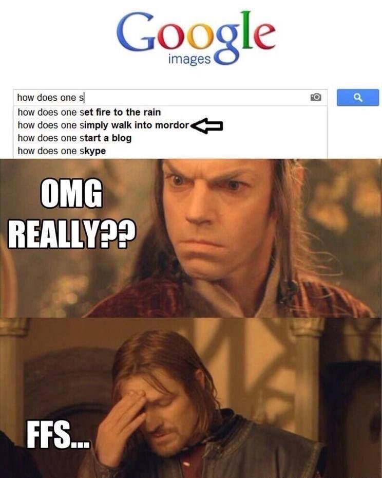 Google images how does one s how does one set fire to the rain how does one simply walk into mordor how does one start a blog how does one skype OMG REALLY?? FFS... a
