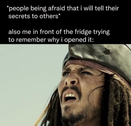 *people being afraid that i will tell their secrets to others* also me in front of the fridge trying to remember why i opened it: