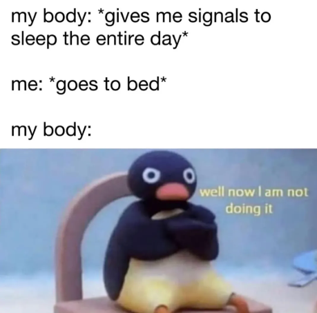 my body: *gives me signals to sleep the entire day* me: *goes to bed* my body: well now I am not doing it