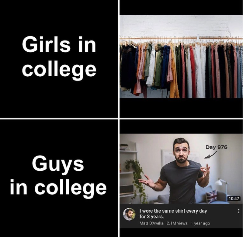 Girls in college Day 976 Guys in college I wore the same shirt every day for 3 years. Matt D'Avella 2.1M views 1 year ago 10:47
