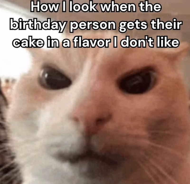 How I look when the birthday person gets their cake in a flavor I don't like