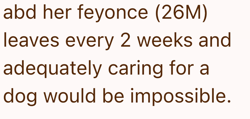 abd her feyonce (26M) leaves every 2 weeks and adequately caring for a dog would be impossible.