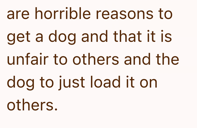 are horrible reasons to get a dog and that it is unfair to others and the dog to just load it on others.