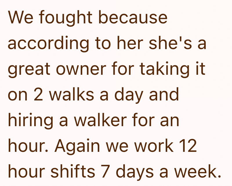 We fought because according to her she's a great owner for taking it on 2 walks a day and hiring a walker for an hour. Again we work 12 hour shifts 7 days a week.