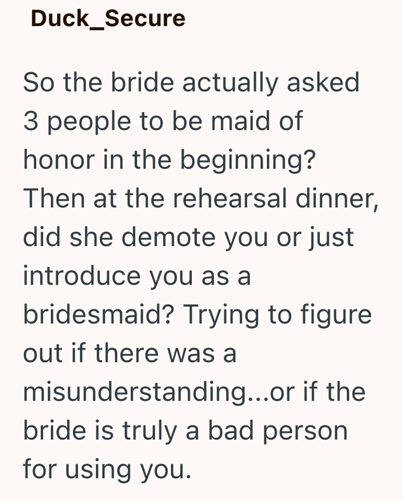Duck_Secure So the bride actually asked 3 people to be maid of honor in the beginning? Then at the rehearsal dinner, did she demote you or just introduce you as a bridesmaid? Trying to figure. out if there was a misunderstanding...or if the bride is truly a bad person for using you.