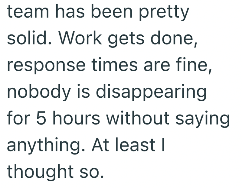 team has been pretty solid. Work gets done, response times are fine, nobody is disappearing for 5 hours without saying anything. At least I thought so.