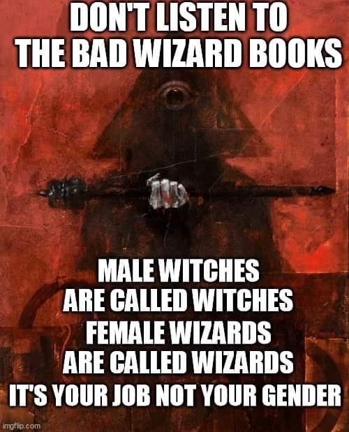DON'T LISTEN TO THE BAD WIZARD BOOKS MALE WITCHES ARE CALLED WITCHES FEMALE WIZARDS ARE CALLED WIZARDS IT'S YOUR JOB NOT YOUR GENDER imgflip.com