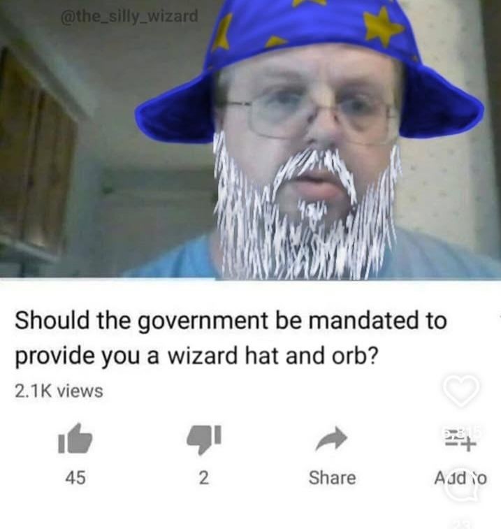 @the_silly_wizard Should the government be mandated to provide you a wizard hat and orb? 2.1K views 45 2 Share Audio