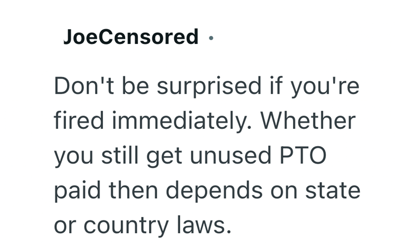 JoeCensored • Don't be surprised if you're fired immediately. Whether you still get unused PTO paid then depends on state or country laws.