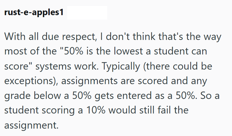 rust-e-apples1 With all due respect, I don't think that's the way most of the "50% is the lowest a student can score" systems work. Typically (there could be exceptions), assignments are scored and any grade below a 50% gets entered as a 50%. So a student scoring a 10% would still fail the assignment.