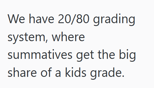 We have 20/80 grading system, where summatives get the big share of a kids grade.