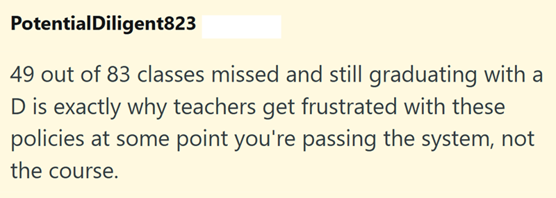 PotentialDiligent823 49 out of 83 classes missed and still graduating with a D is exactly why teachers get frustrated with these policies at some point you're passing the system, not the course.