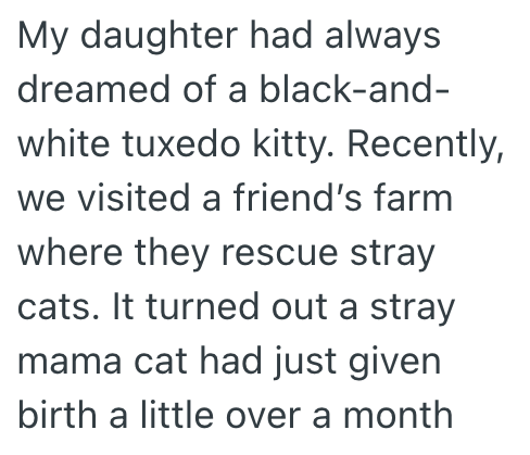 My daughter had always dreamed of a black-and- white tuxedo kitty. Recently, we visited a friend's farm where they rescue stray cats. It turned out a stray mama cat had just given birth a little over a month