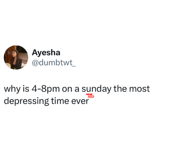 Ayesha @dumbtwt why is 4-8pm on a sunday the most MEME depressing time ever ZAR