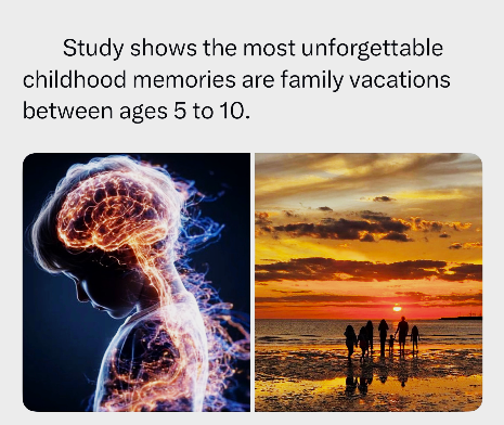 Study shows the most unforgettable childhood memories are family vacations between ages 5 to 10.