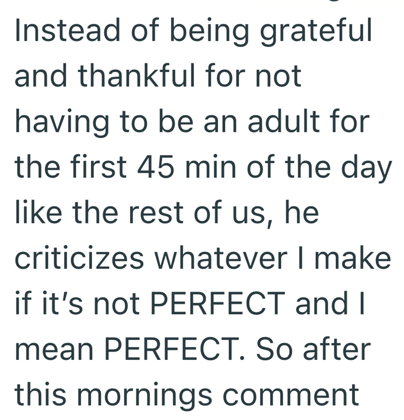 Instead of being grateful and thankful for not having to be an adult for the first 45 min of the day like the rest of us, he criticizes whatever I make if it's not PERFECT and I mean PERFECT. So after this mornings comment