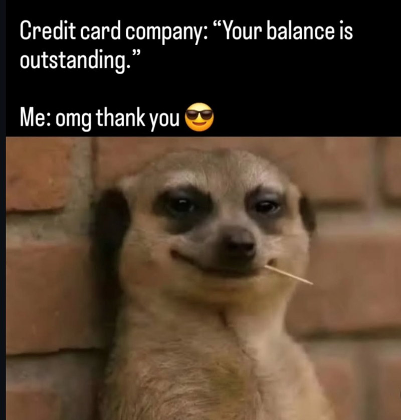 Credit card company: "Your balance is outstanding." Me: omg thank you