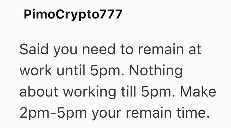 PimoCrypto777 Said you need to remain at work until 5pm. Nothing about working till 5pm. Make 2pm-5pm your remain time.