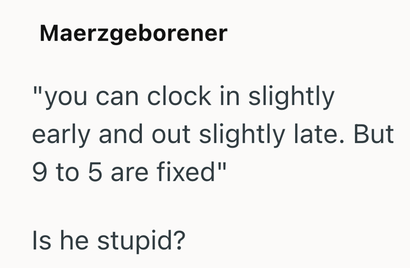 Maerzgeborener "you can clock in slightly early and out slightly late. But 9 to 5 are fixed" Is he stupid?