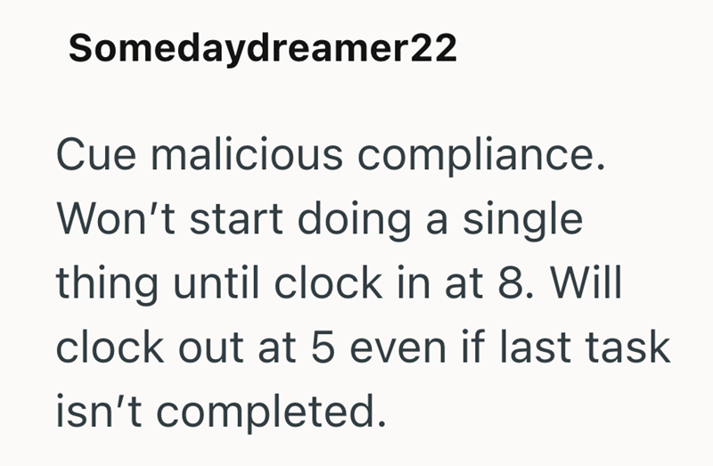 Somedaydreamer22 Cue malicious compliance. Won't start doing a single thing until clock in at 8. Will clock out at 5 even if last task isn't completed.