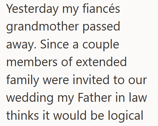 Yesterday my fiancés grandmother passed away. Since a couple members of extended family were invited to our wedding my Father in law thinks it would be logical