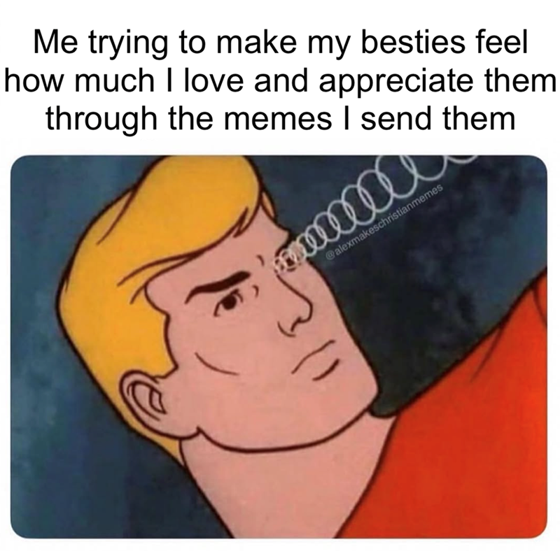 Me trying to make my besties feel how much I love and appreciate them through the memes I send them @alexmakeschristianmemes