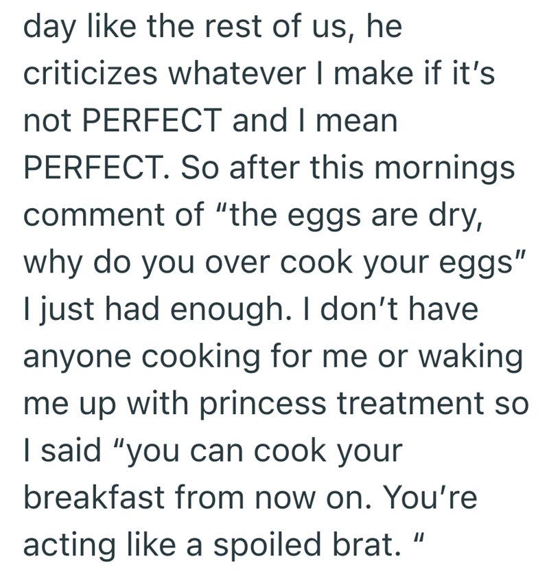 day like the rest of us, he criticizes whatever I make if it's not PERFECT and I mean PERFECT. So after this mornings comment of "the eggs are dry, why do you over cook your eggs" I just had enough. I don't have anyone cooking for me or waking me up with princess treatment so I said "you can cook your breakfast from now on. You're acting like a spoiled brat. "I