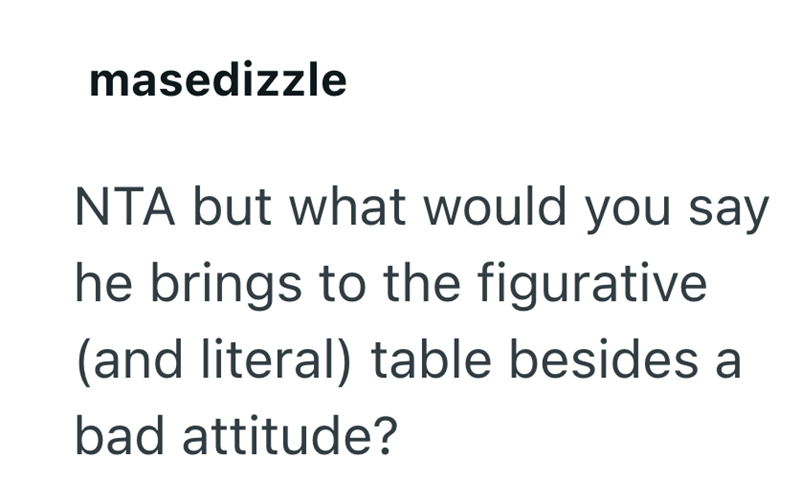 masedizzle NTA but what would you say he brings to the figurative (and literal) table besides a bad attitude?