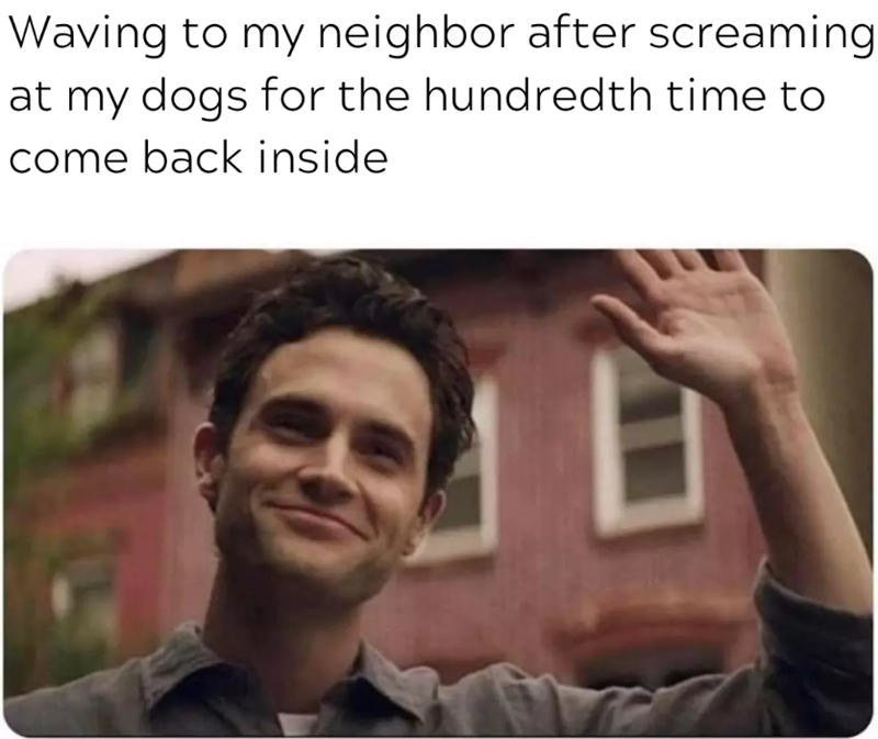 Waving to my neighbor after screaming at my dogs for the hundredth time to come back inside