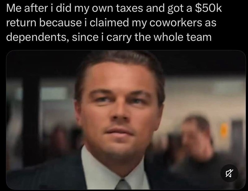 Me after i did my own taxes and got a $50k return because i claimed my coworkers as dependents, since i carry the whole team