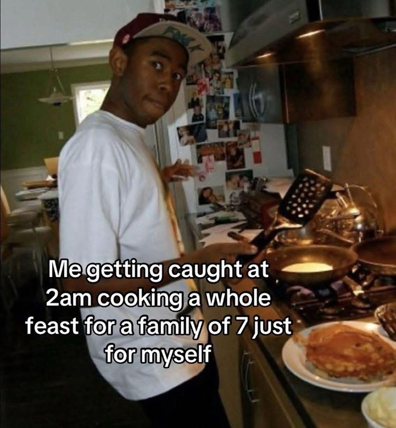 Me getting caught at 2am cooking a whole feast for a family of 7 just for myself