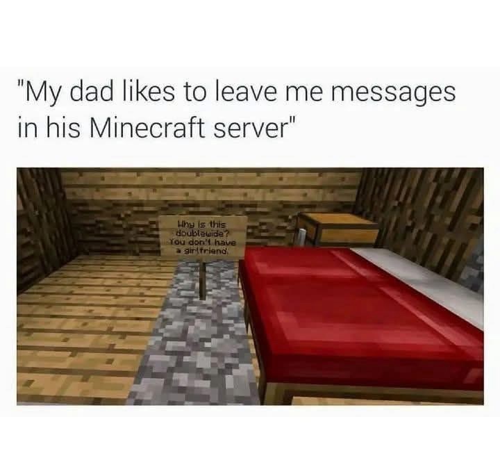 "My dad likes to leave me messages in his Minecraft server" Why is this doublewide? You don't have a girlfriend,
