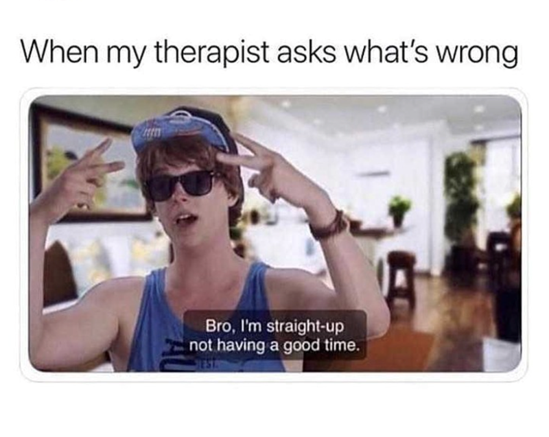 When my therapist asks what's wrong Bro, I'm straight-up not having a good time.