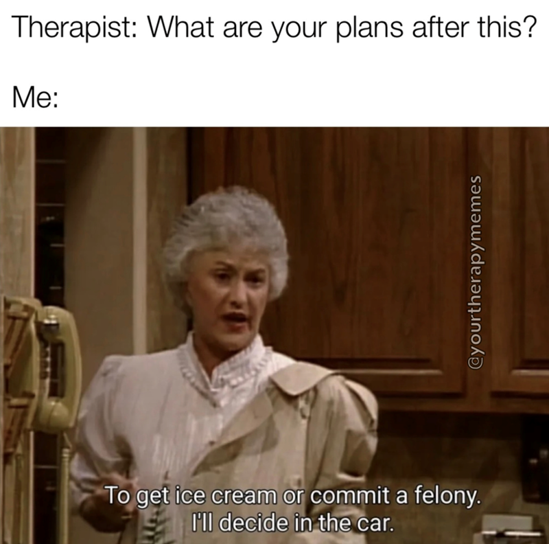 Therapist: What are your plans after this? Me: To get ice cream or commit a felony. I'll decide in the car. @yourtherapymemes