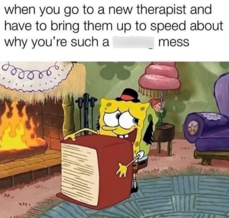 when you go to a new therapist and have to bring them up to speed about why you're such a mess Pase