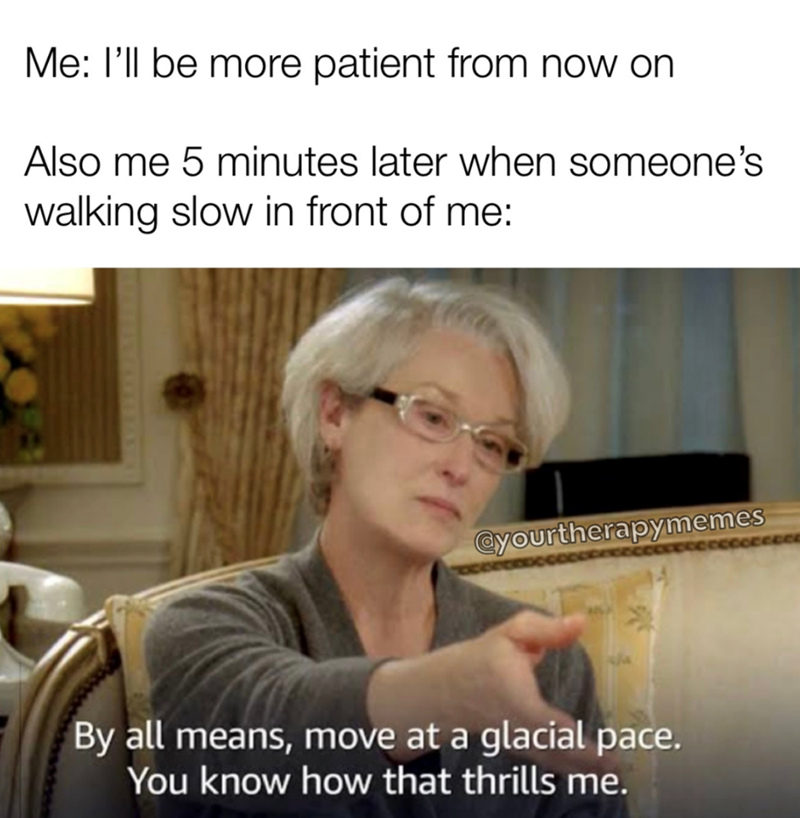 Me: I'll be more patient from now on Also me 5 minutes later when someone's walking slow in front of me: @yourtherapymemes By all means, move at a glacial pace. You know how that thrills me.