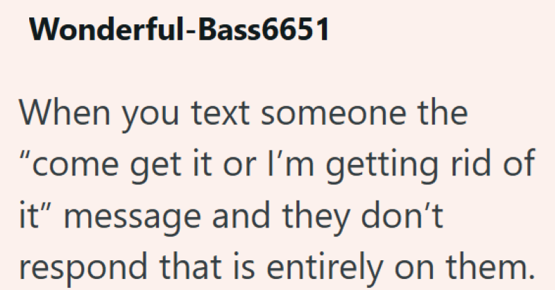 Wonderful-Bass6651 When you text someone the "come get it or I'm getting rid of it" message and they don't respond that is entirely on them.