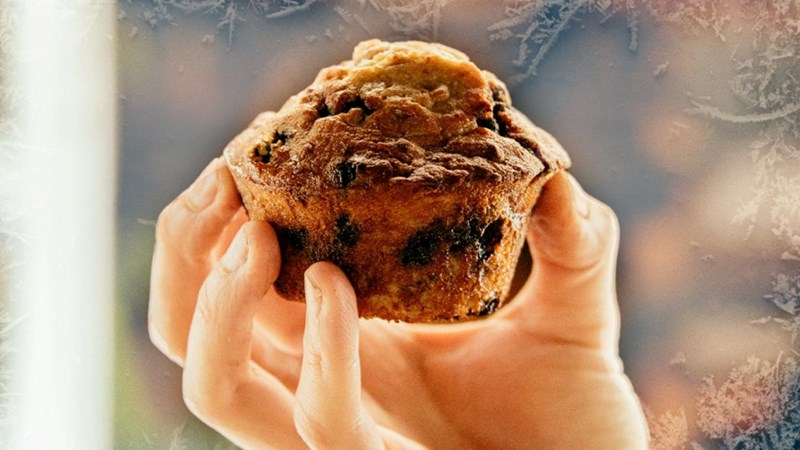 A muffin set against a frozen background being held out as an offer