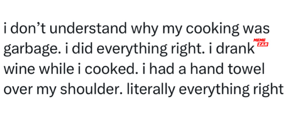 MEME ZAR i don't understand why my cooking was garbage. i did everything right. i drank wine while i cooked. i had a hand towel over my shoulder. literally everything right