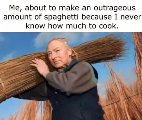 Me, about to make an outrageous amount of spaghetti because I never know how much to cook.